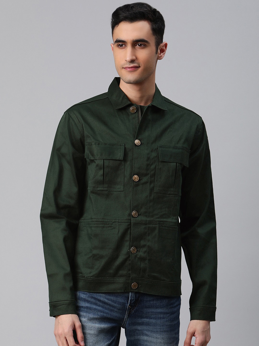 

Hubberholme Men Solid Spread Collar Lightweight Denim Jacket, Green