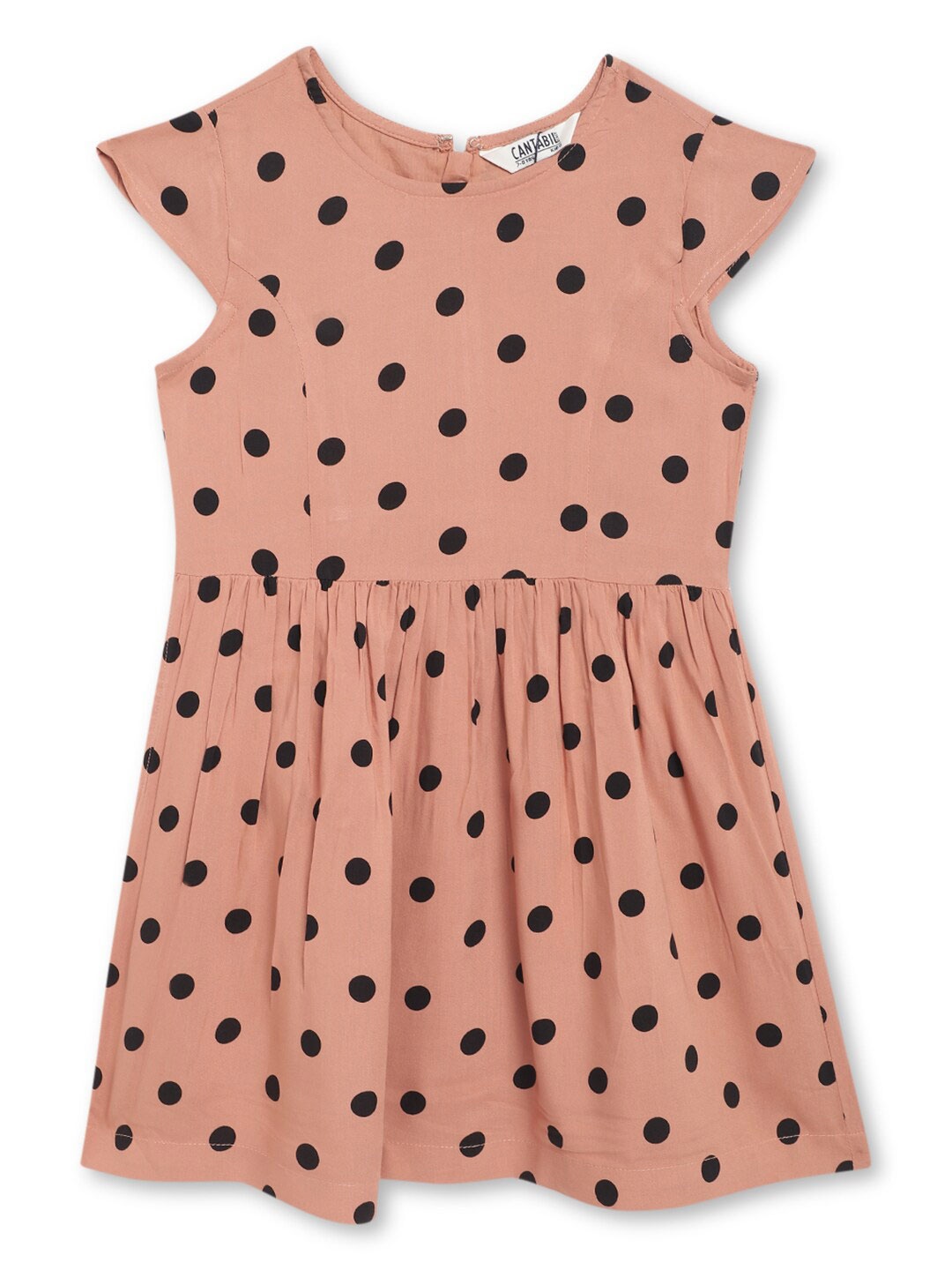 

Cantabil Girls Polka Dots Printed Cap Sleeves Fit & Flare Dress, Peach