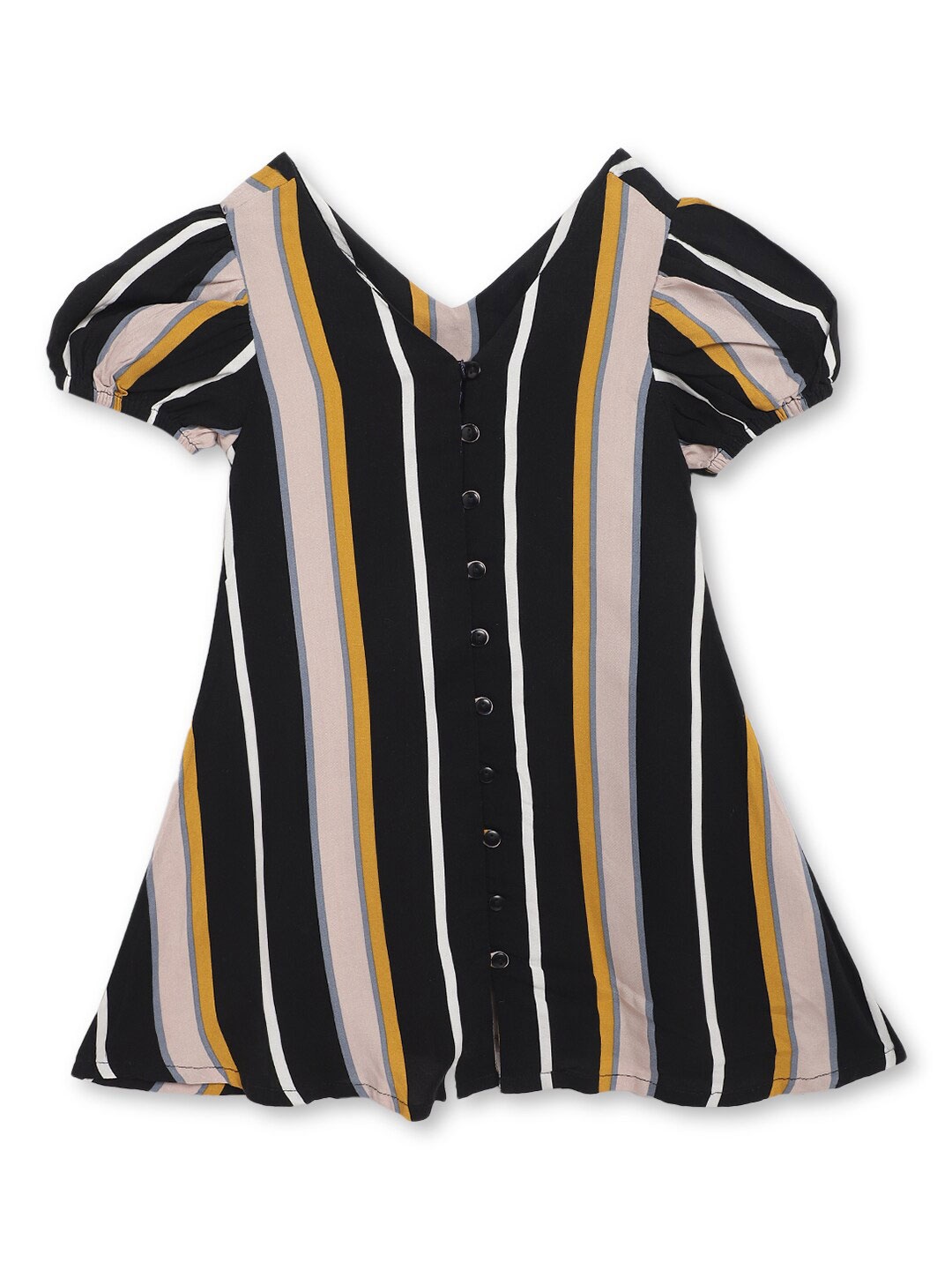 

Cantabil Striped Puff Sleeves A-Line Dress, Black