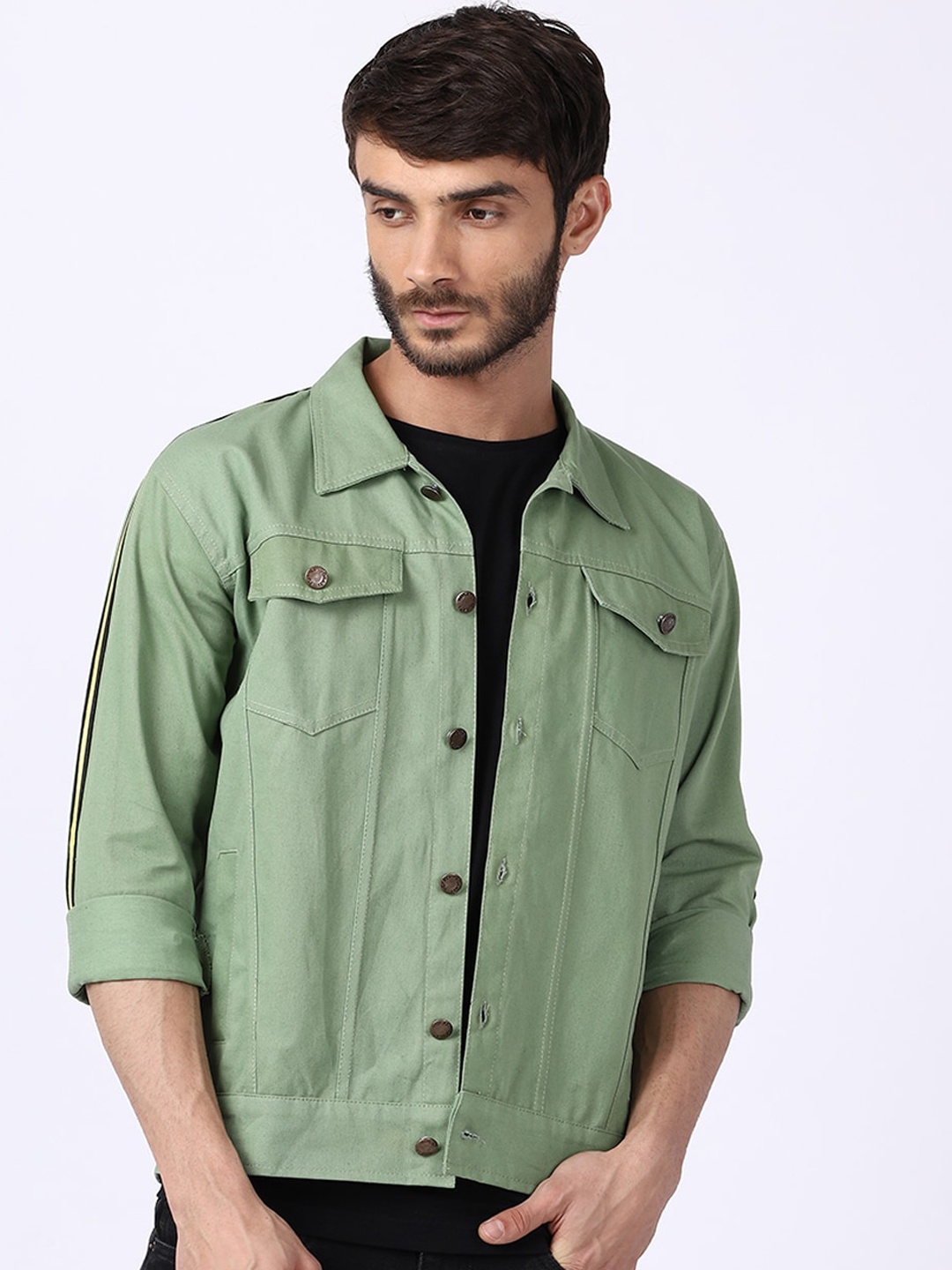 

VOXATI Men Spread Collar Cotton Denim Jacket, Sea green