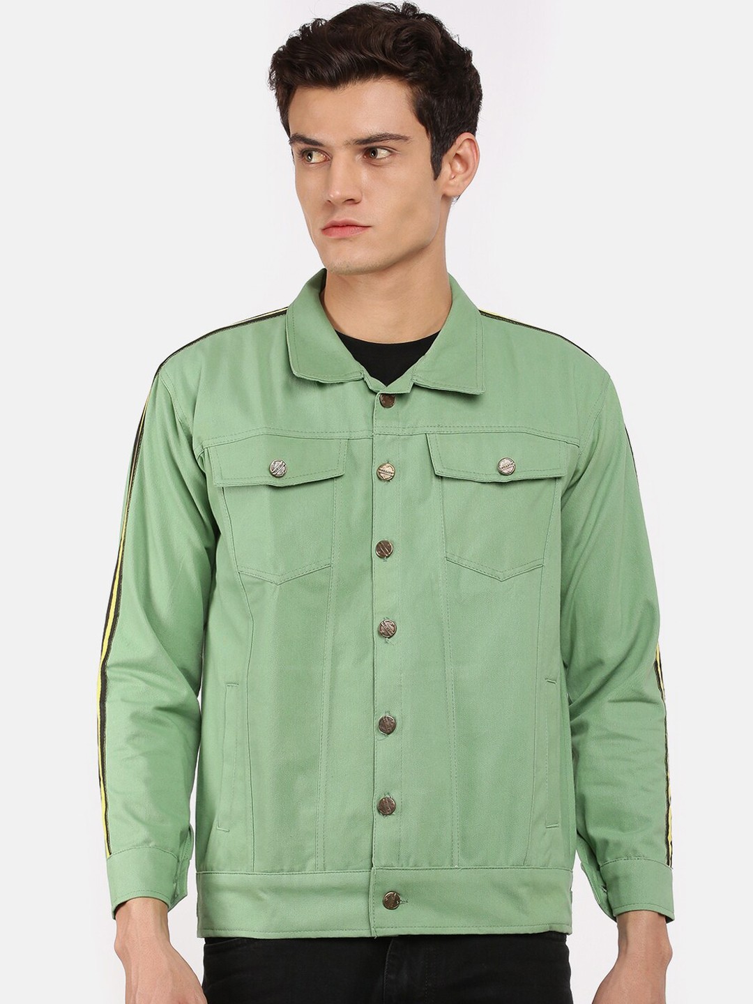 

VOXATI Men Spread Collar Cotton Denim Jacket, Green