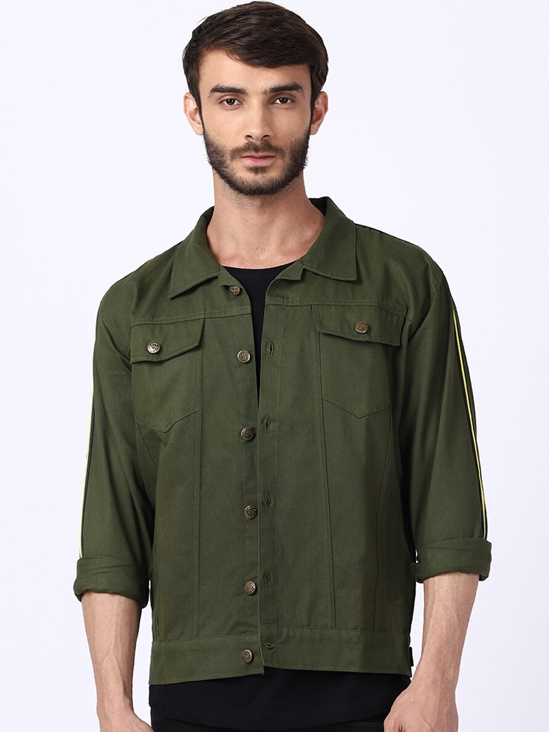 

VOXATI Men Spread Collar Cotton Denim Jacket, Olive