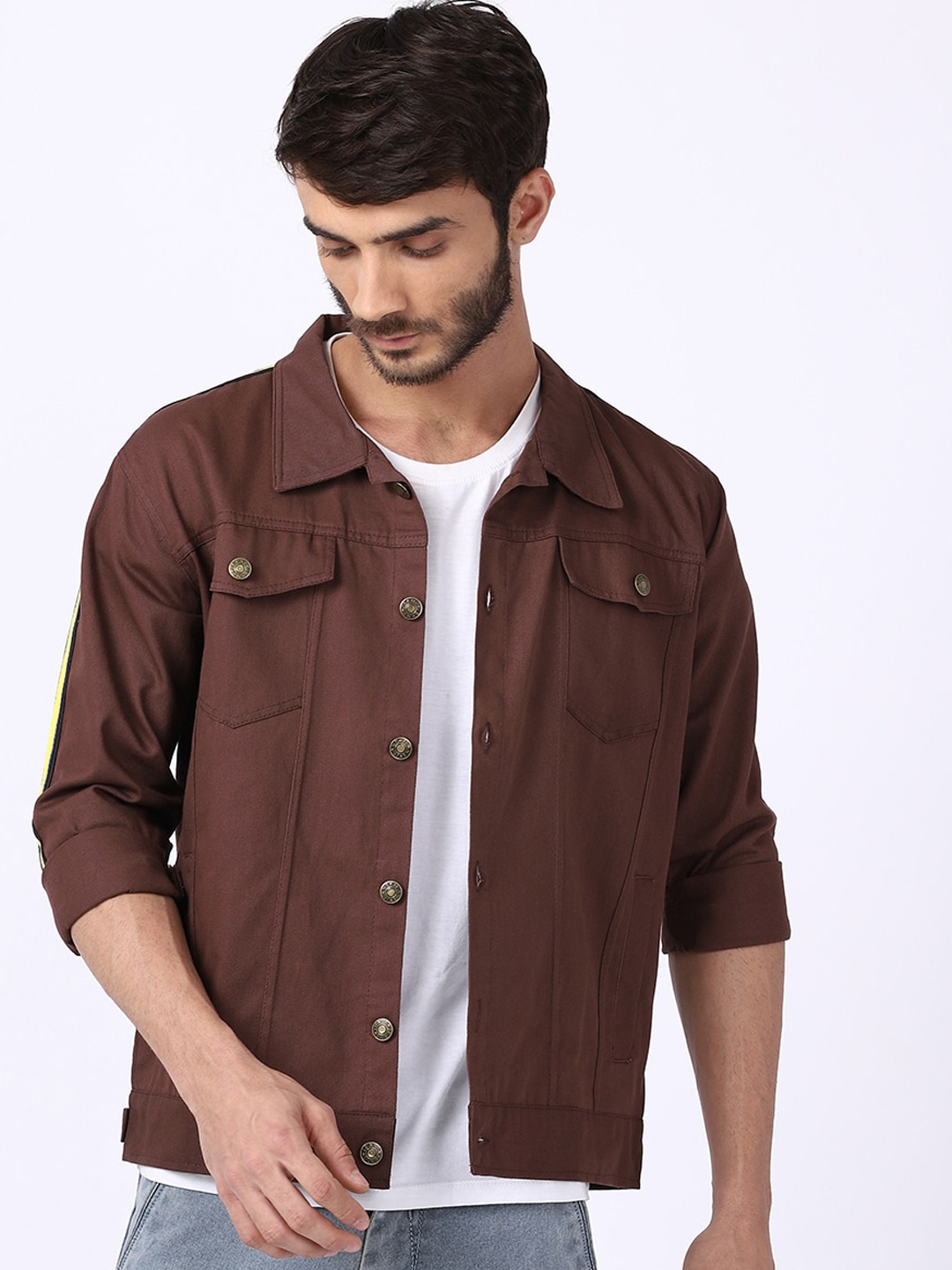 

VOXATI Men Spread Collar Cotton Denim Jacket, Brown