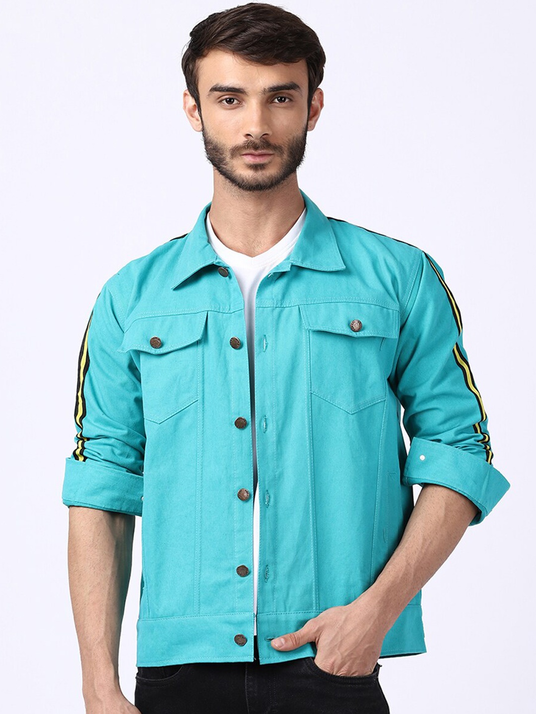 

VOXATI Men Spread Collar Cotton Denim Jacket, Turquoise blue