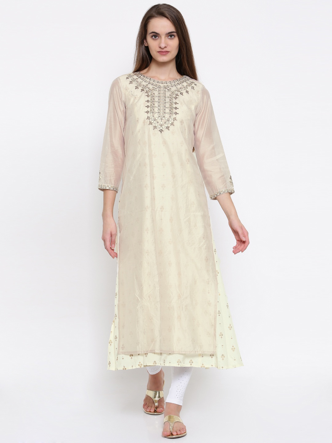 

Global Desi Women Off-White Woven Design A-Line Kurta