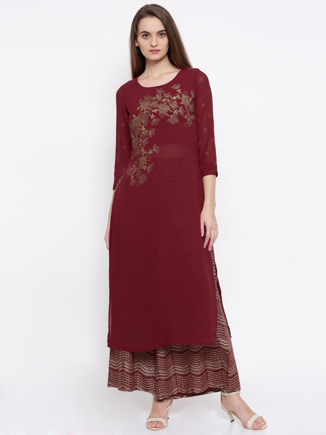 

Global Desi Women Maroon Printed Kurta with Palazzos
