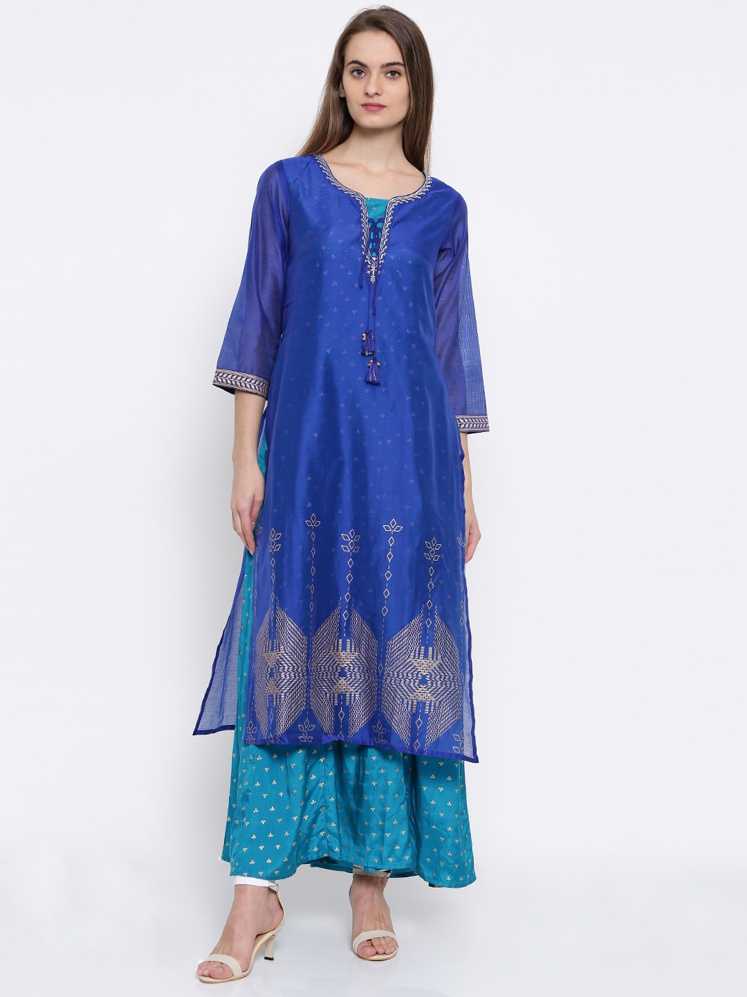 

Global Desi Women Blue Printed Kurta with Palazzos