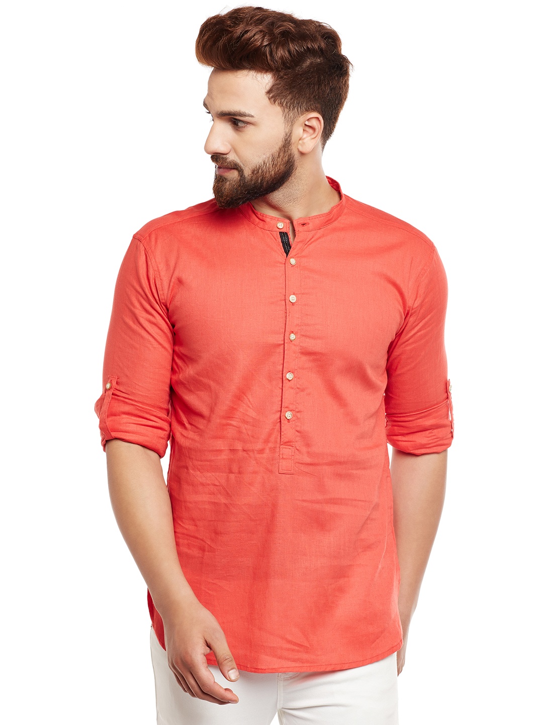 

even Men Orange Solid Straight Short Kurta