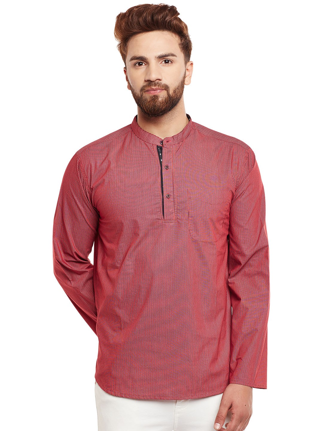 

even Men Red Striped Straight Short Kurta