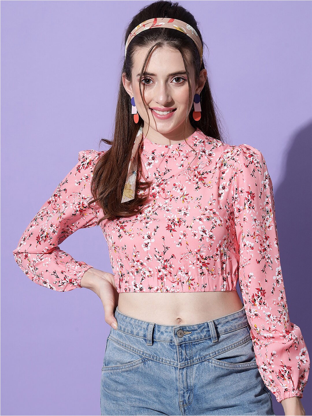 

emeros Floral Printed Crepe Styled Back Crop Top, Pink