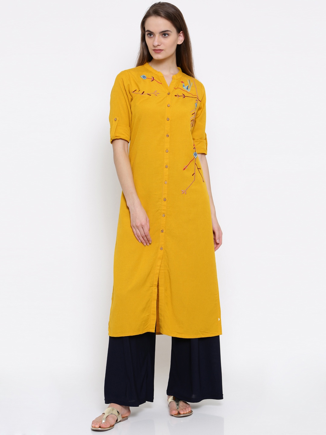 

Global Desi Women Mustard Yellow Embroidered Straight Kurta