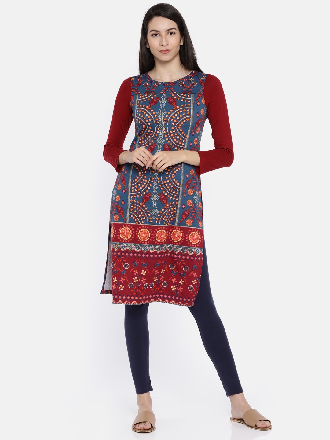 

Global Desi Women Teal Blue & Maroon Knitted Printed Straight Kurta