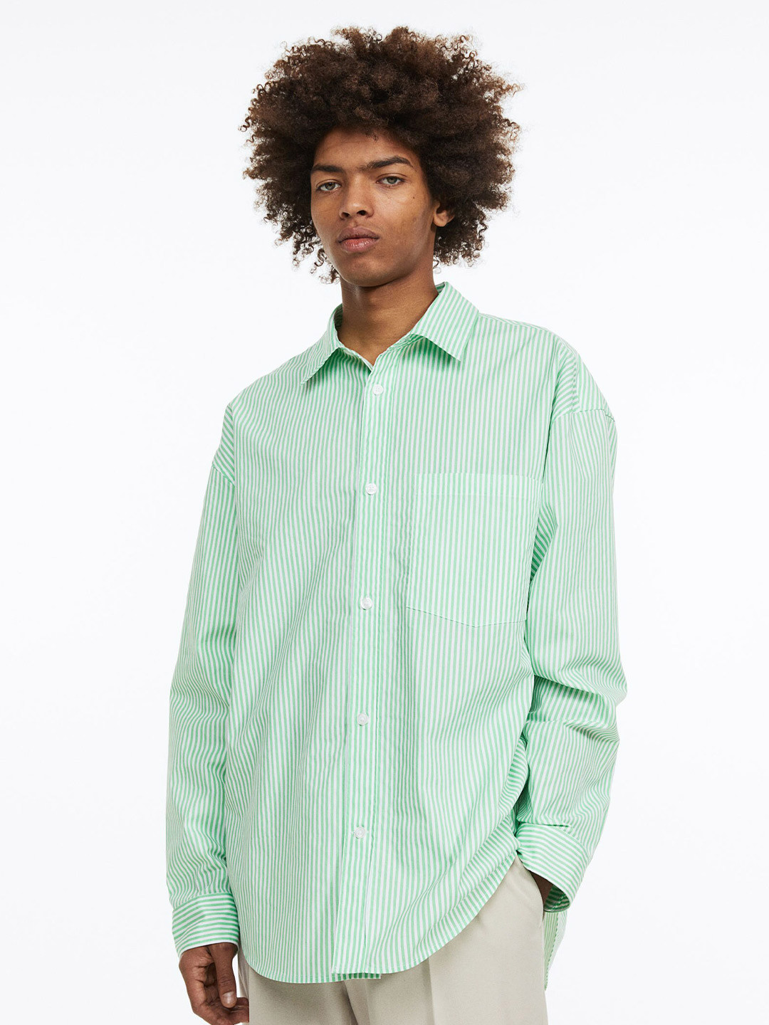 

H&M Men Pure Cotton Oversized Fit Poplin Shirt, Green