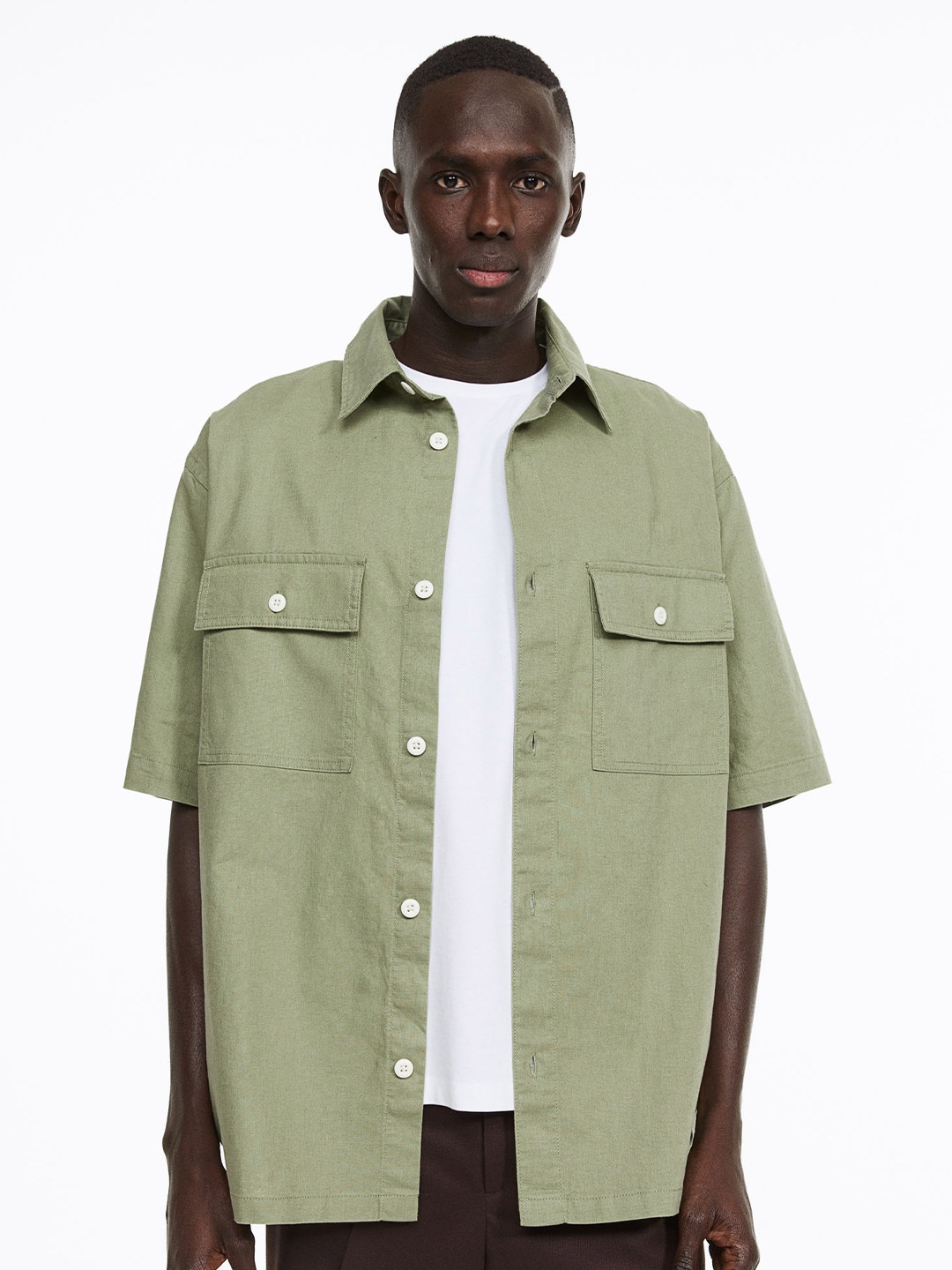 

H&M Men Regular Fit Linen-Blend Shirt, Green