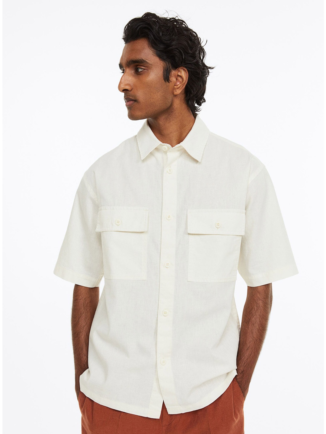 

H&M Men Regular Fit Linen-Blend Shirt, White