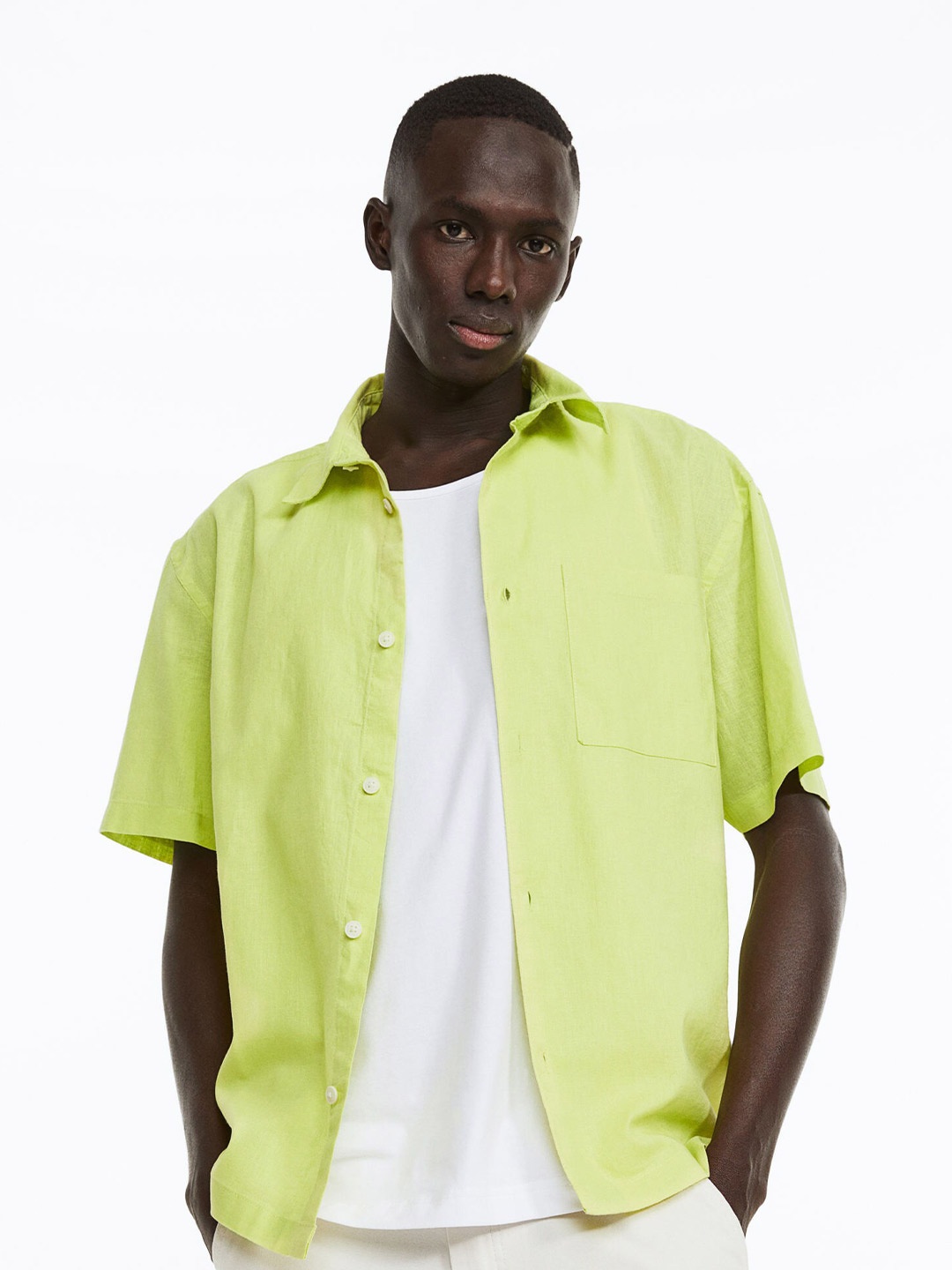 

H&M Men Relaxed Fit Linen-Blend Shirt, Yellow