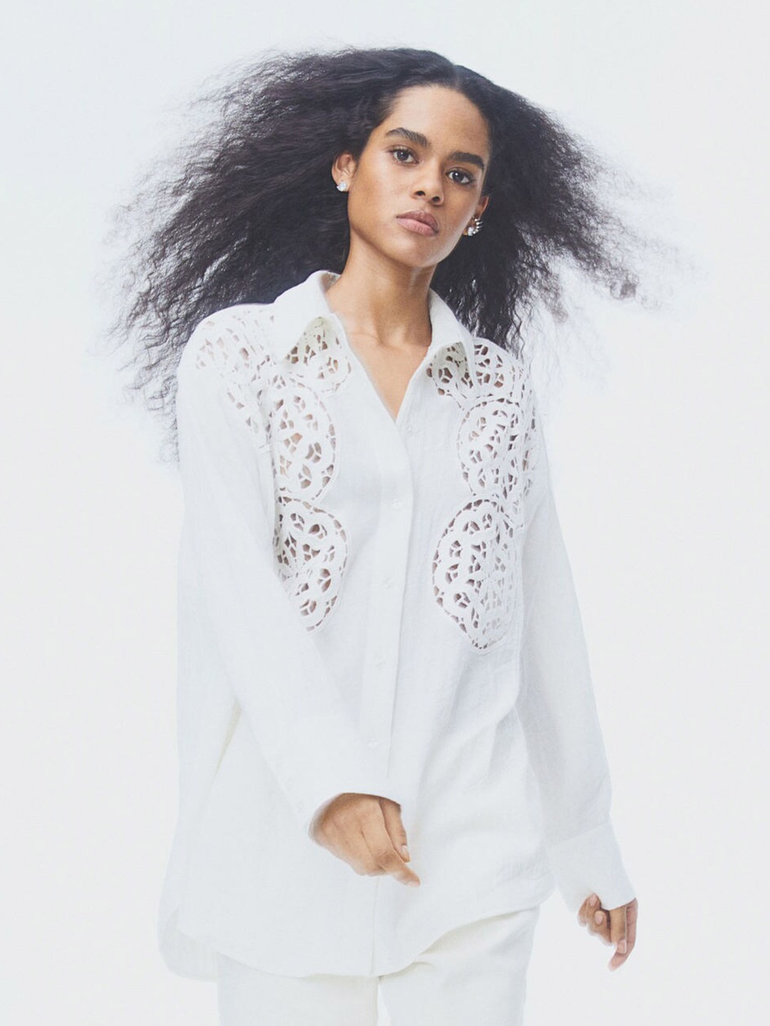 

H&M Women Oversized Embroidered Shirt, White