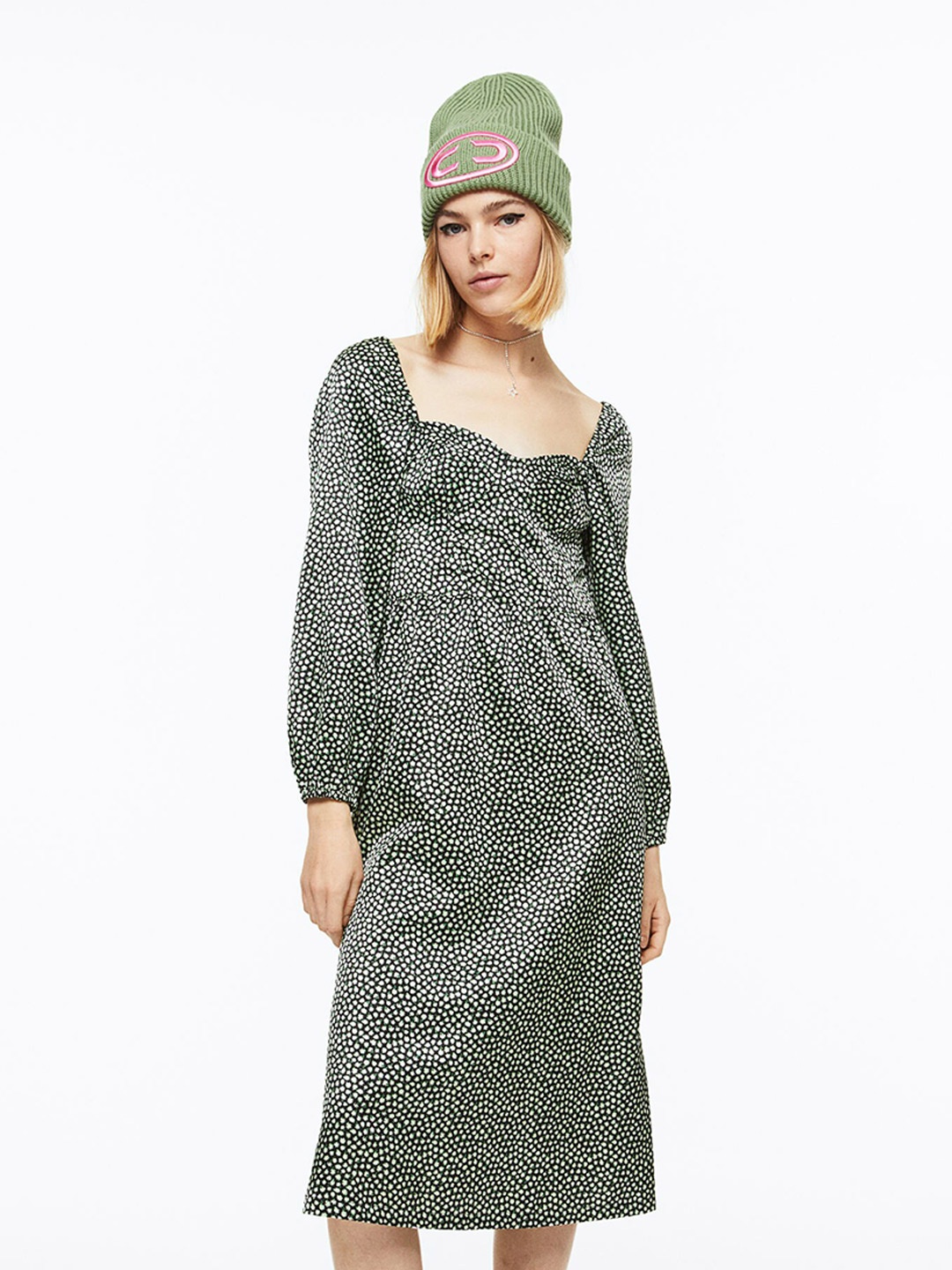 

H&M Women Balloon-Sleeved Dress, Green