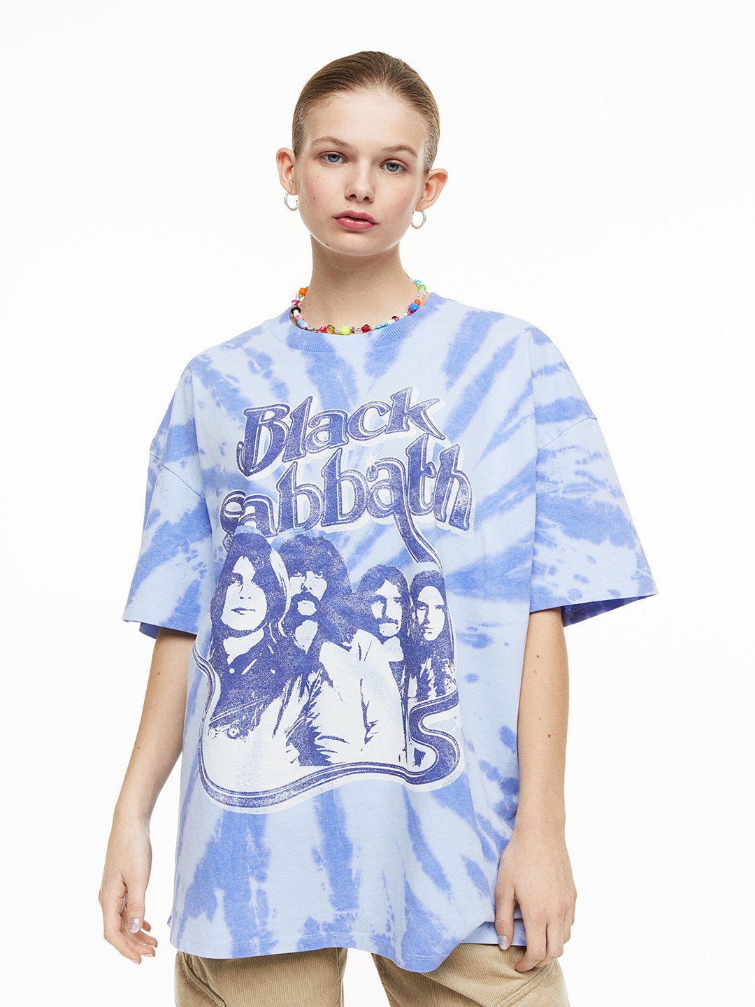 

H&M Women Pure Cotton Oversized Printed T-Shirt, Blue