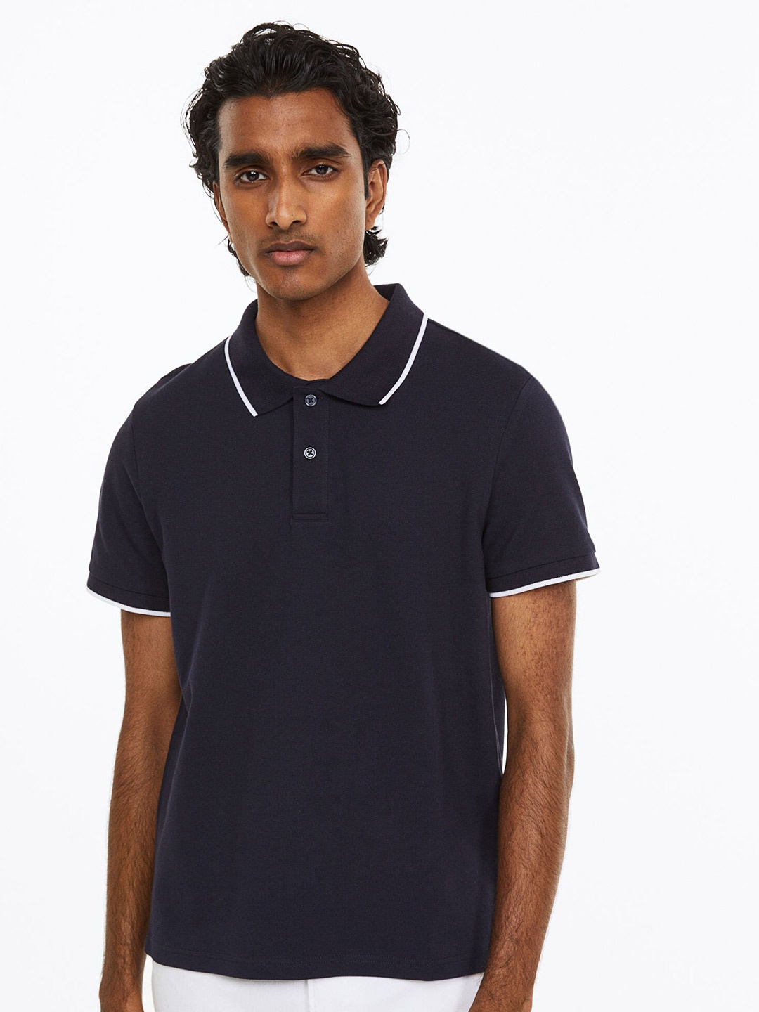 

H&M Men Slim Fit Cotton Polo Shirt, Navy blue