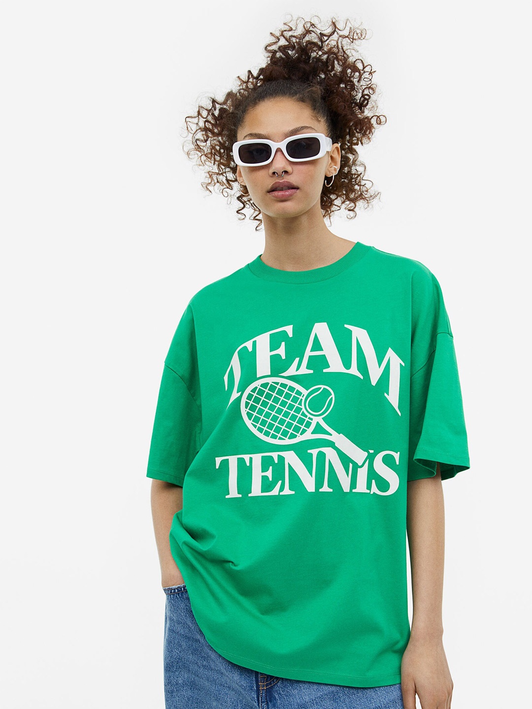 

H&M Women Oversized Printed T-shirt, Green