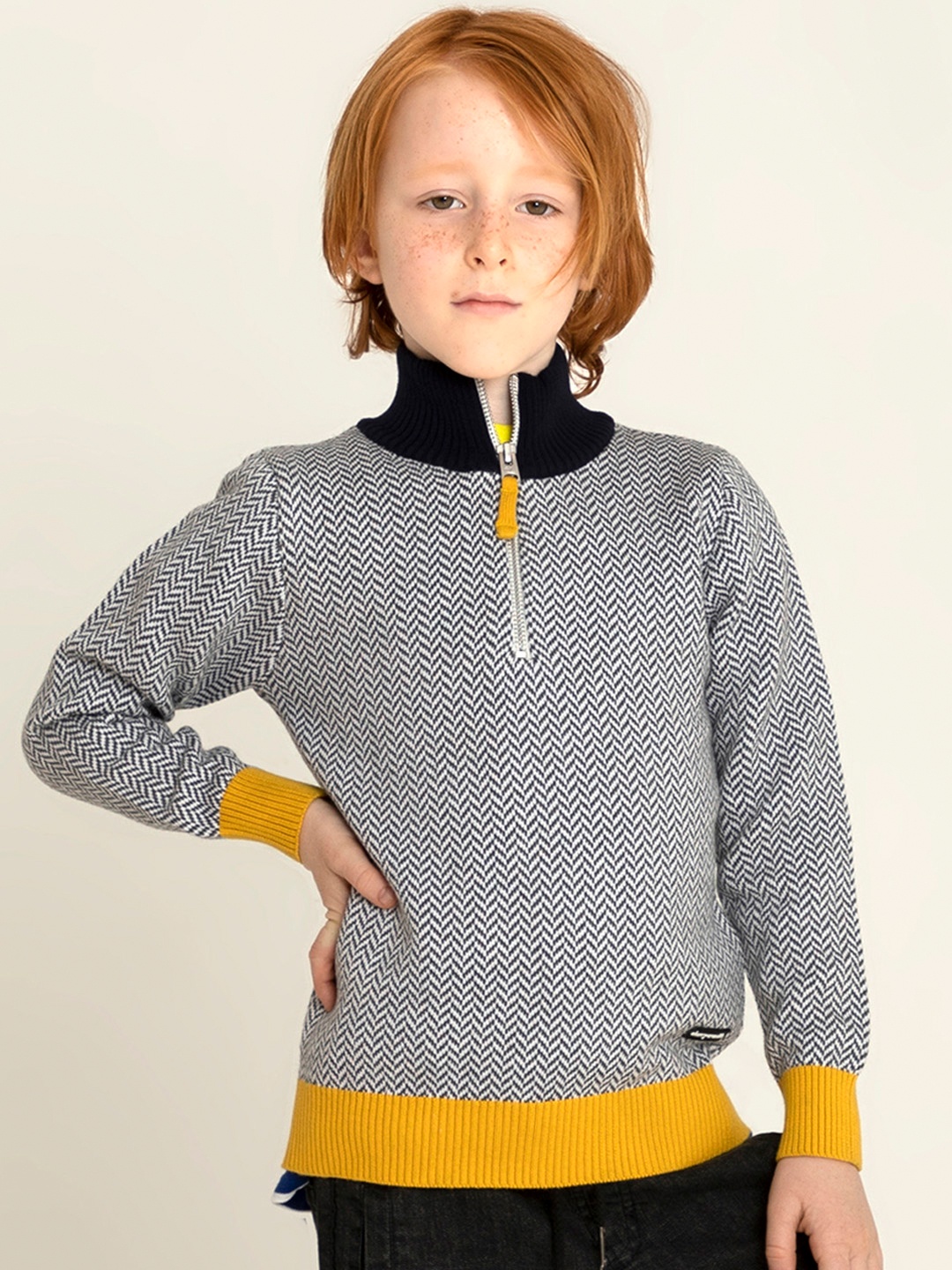 

Cherry Crumble Kids Grey & White Self Design Half-Zip Sweater