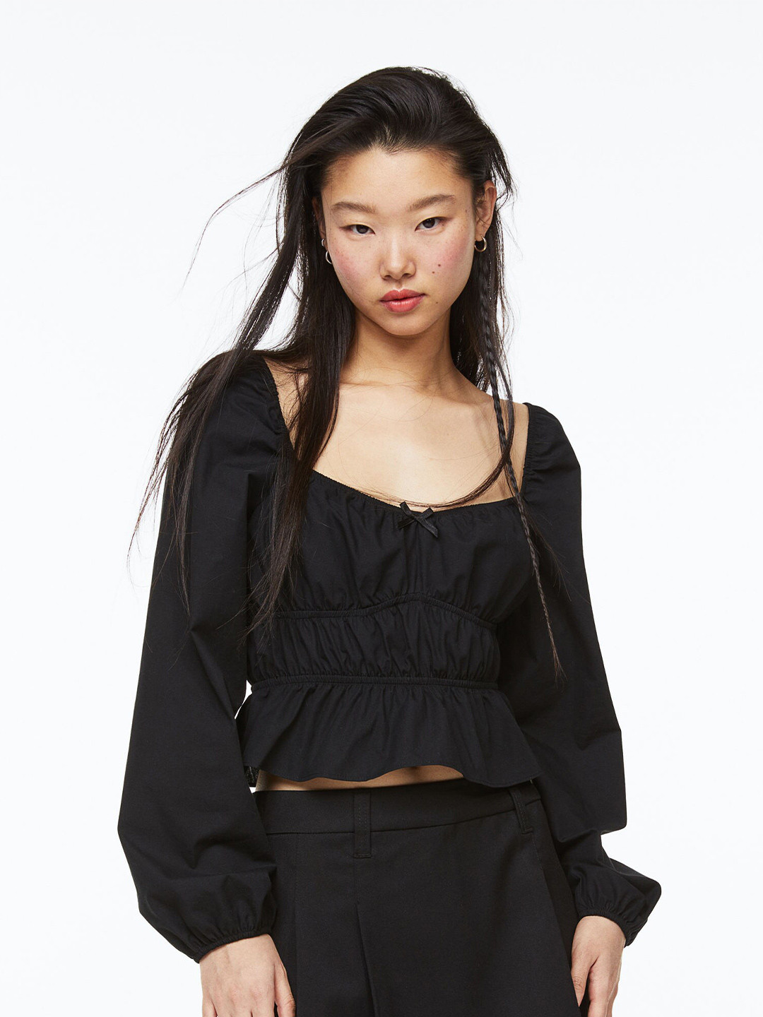 

H&M Pure Cotton Balloon-Sleeved Peplum Blouse, Black