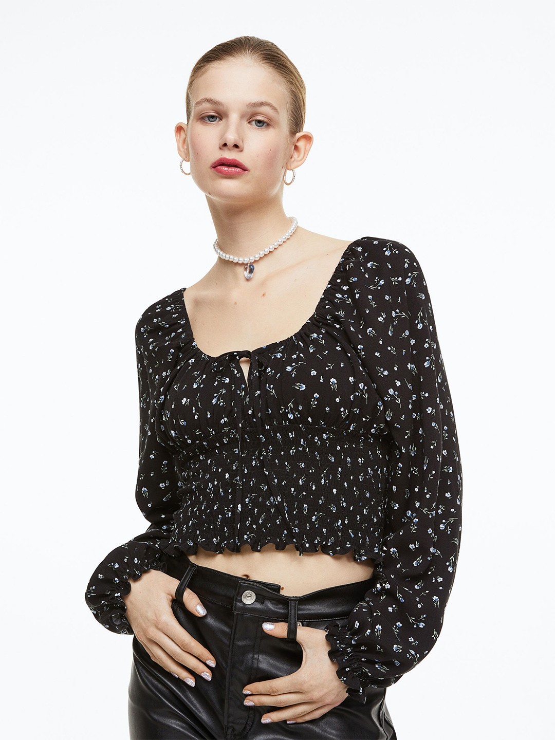 

H&M Smocked Blouse, Black