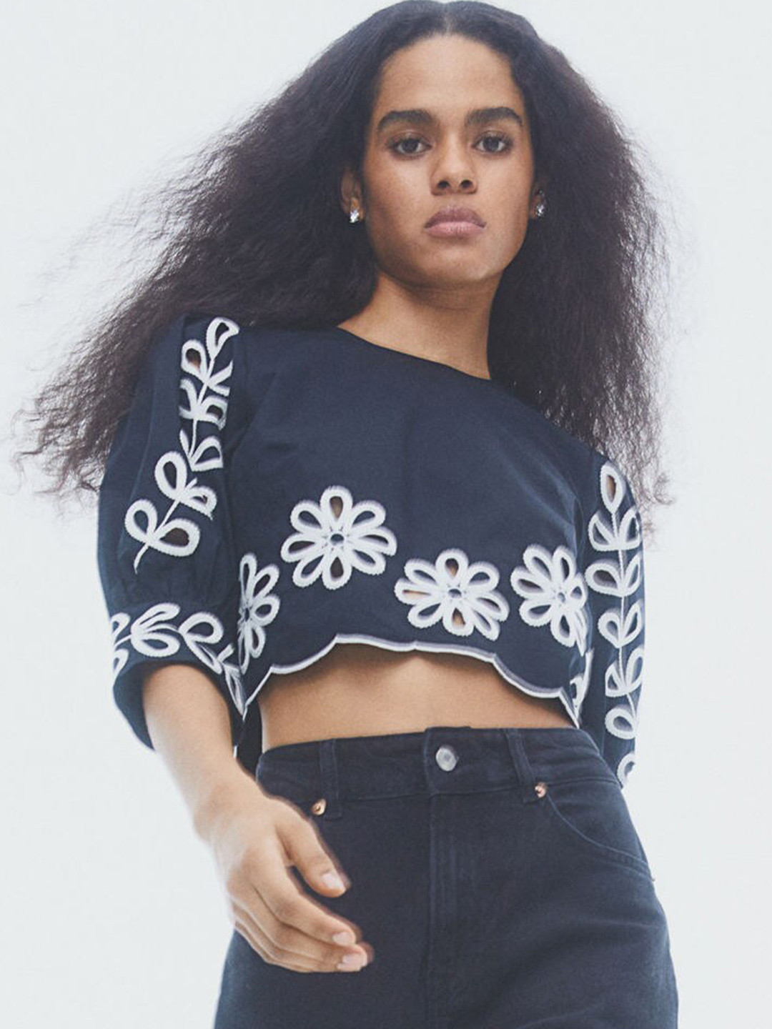 

H&M Pure Cotton Puff-Sleeved Embroidered Blouse, Black