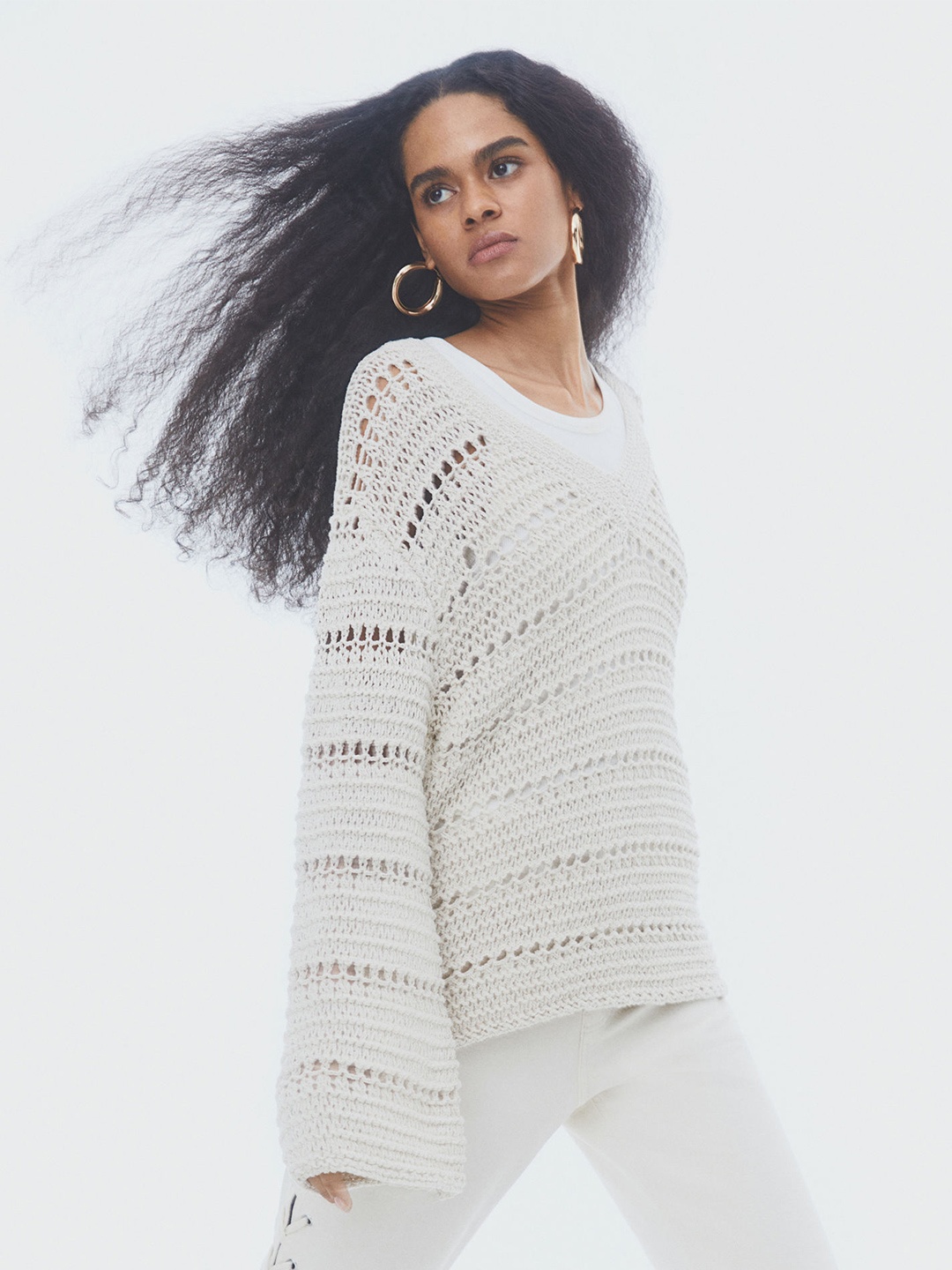 

H&M Women Oversized Hole-Knit Jumper, Beige