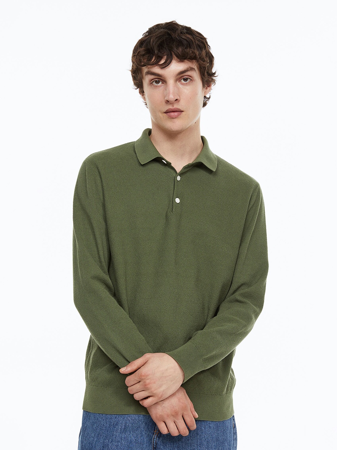 

H&M Men Self-Designed Pure Cotton Polo Shirt, Green