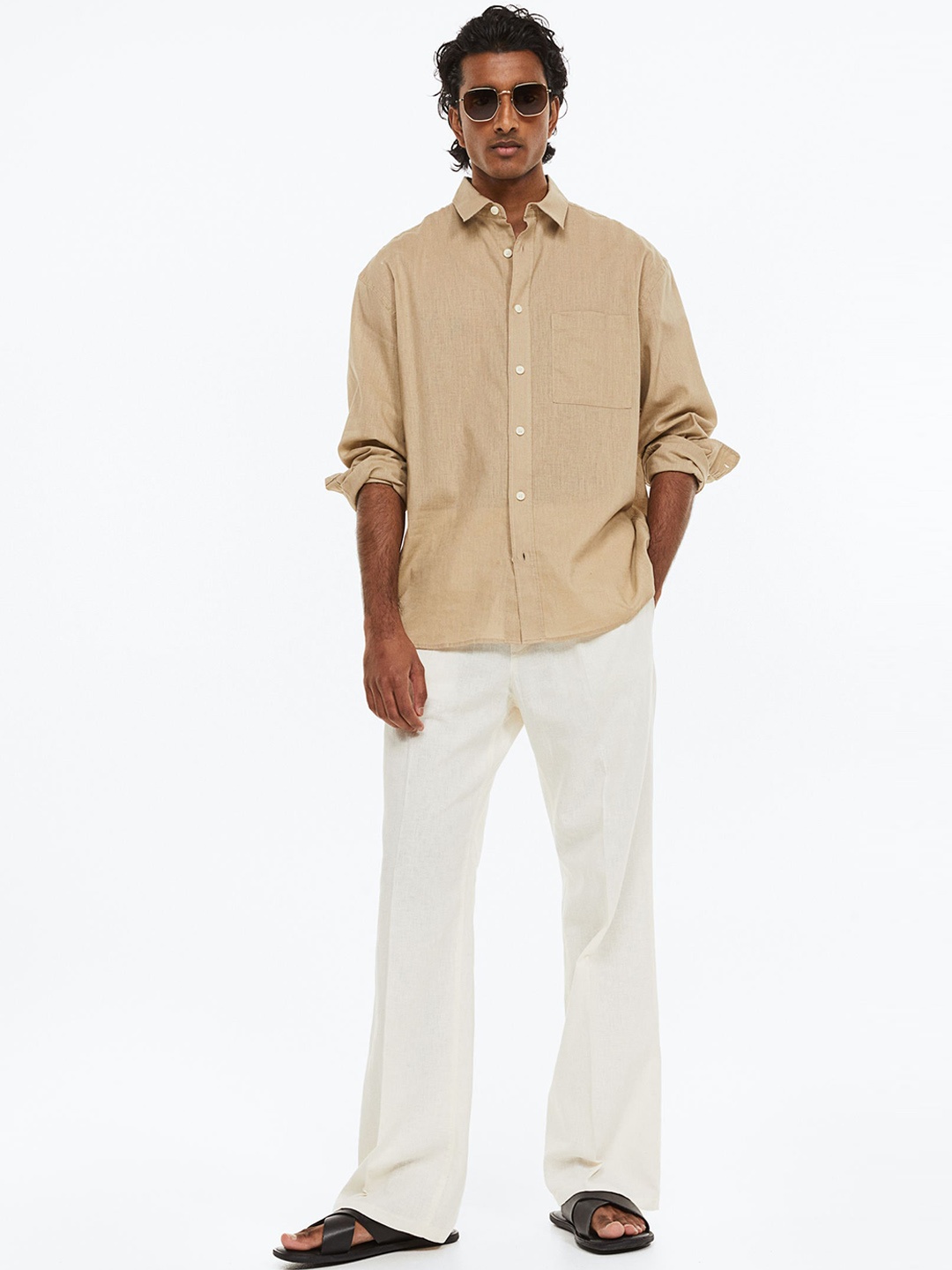 

H&M Men Loose Fit Linen-Blend Trousers, White
