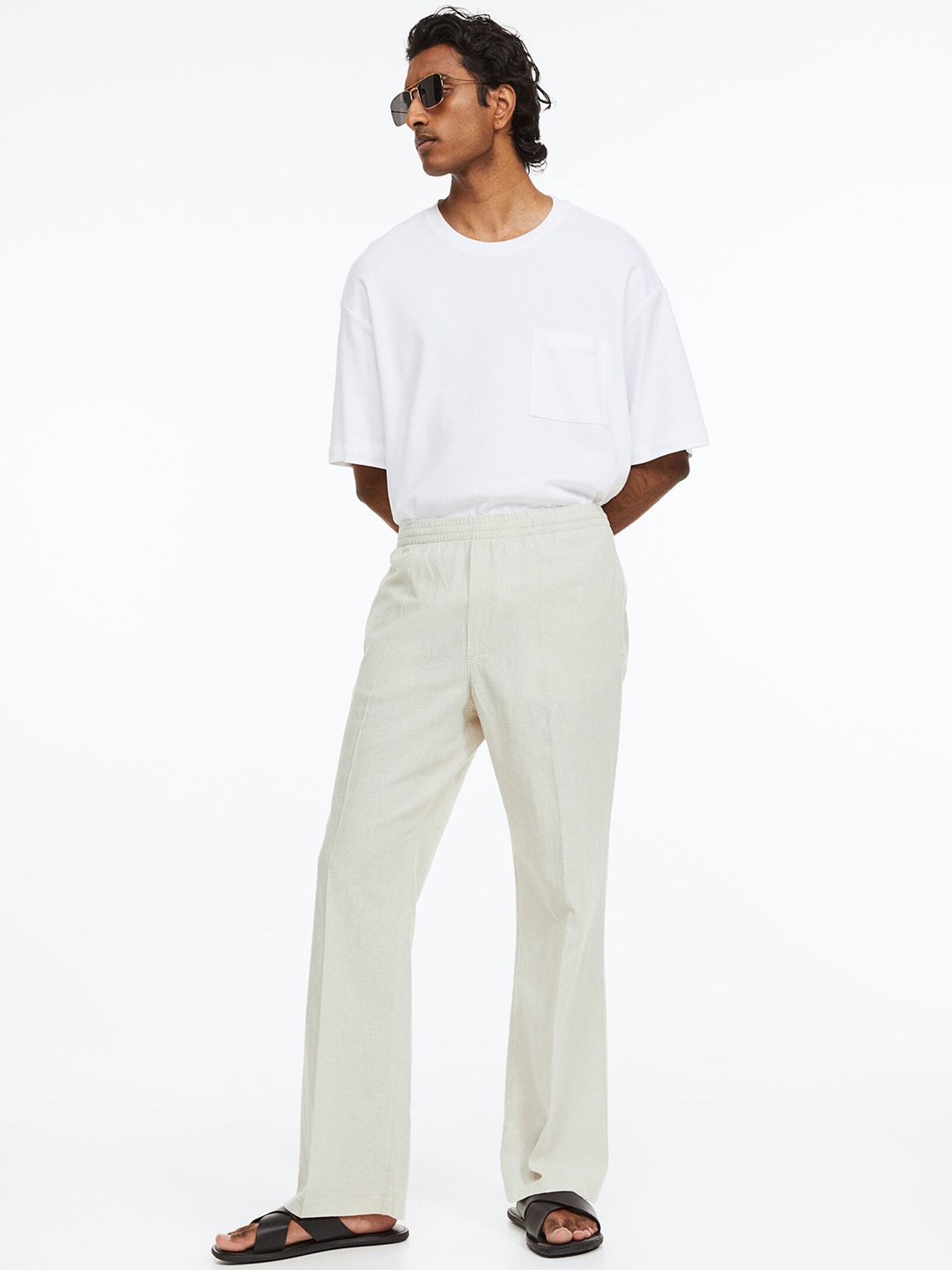 

H&M Men Loose Fit Linen-Blend Trousers, White