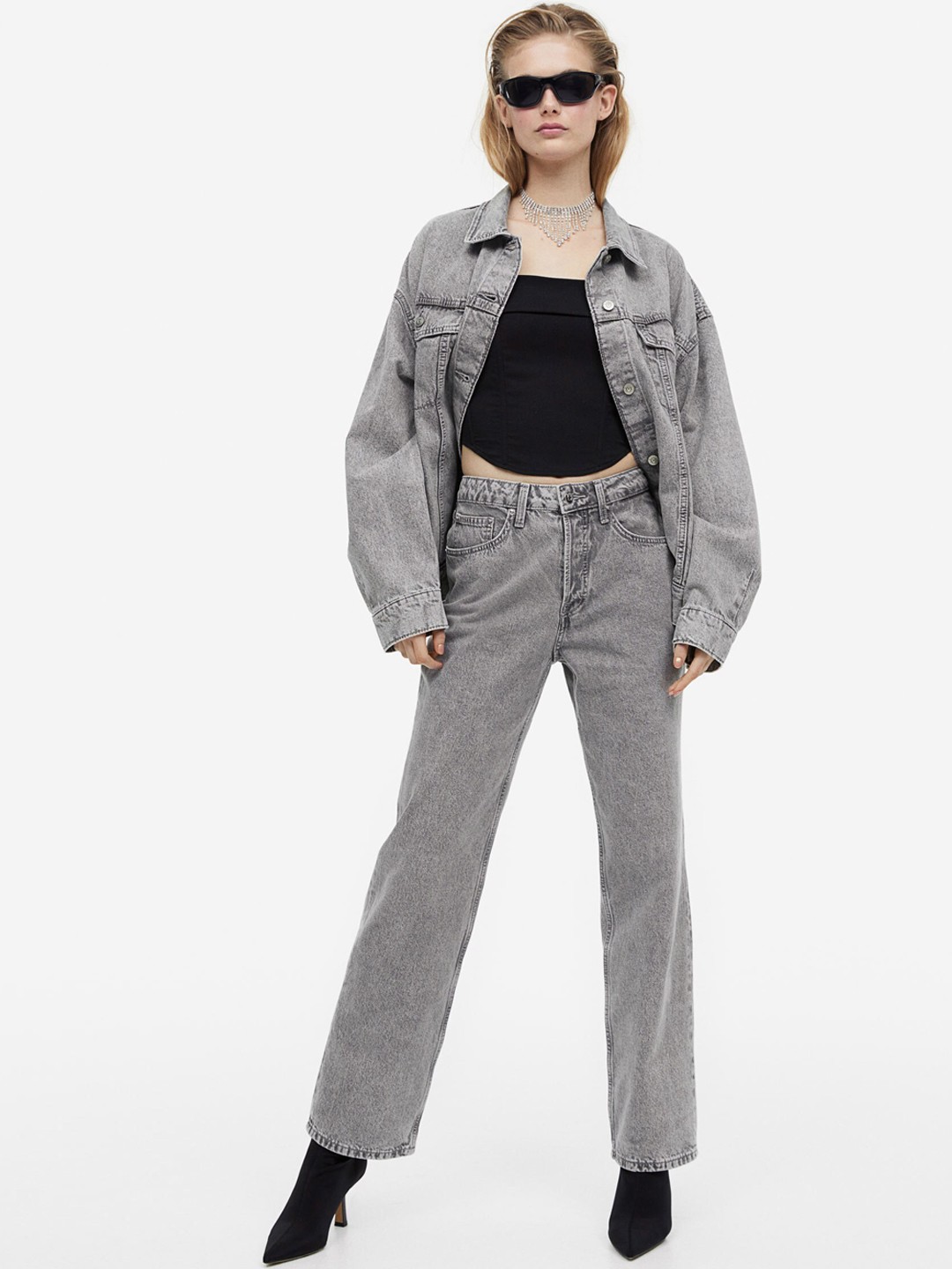 

H&M Women Pure Cotton 90s Straight Trousers, Grey