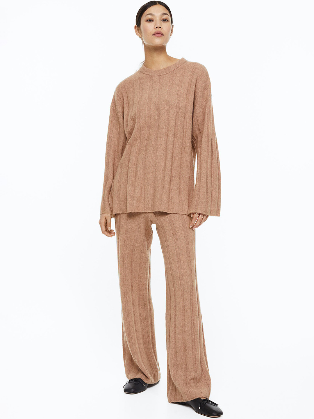 

H&M Women Rib-Knit Trousers, Beige