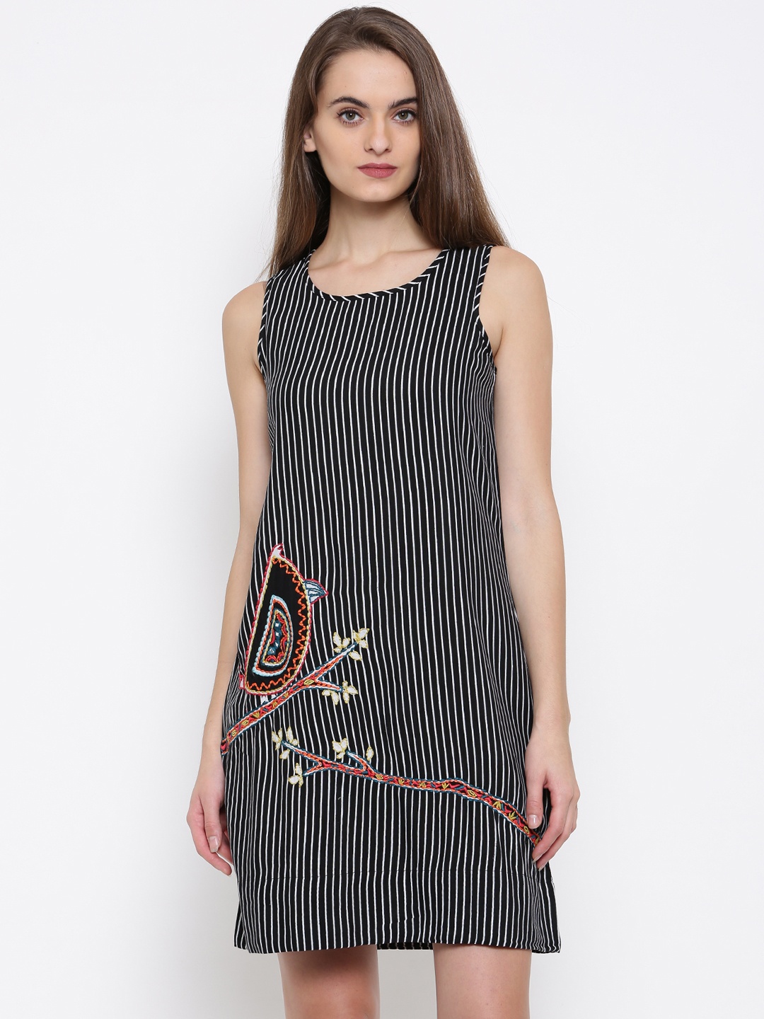 

Global Desi Women Black Striped A-Line Dress