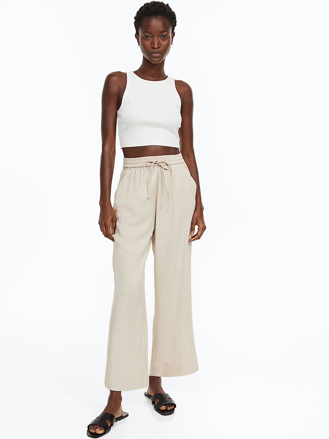 

H&M Women Lyocell-Blend Pull-On Trousers, Beige