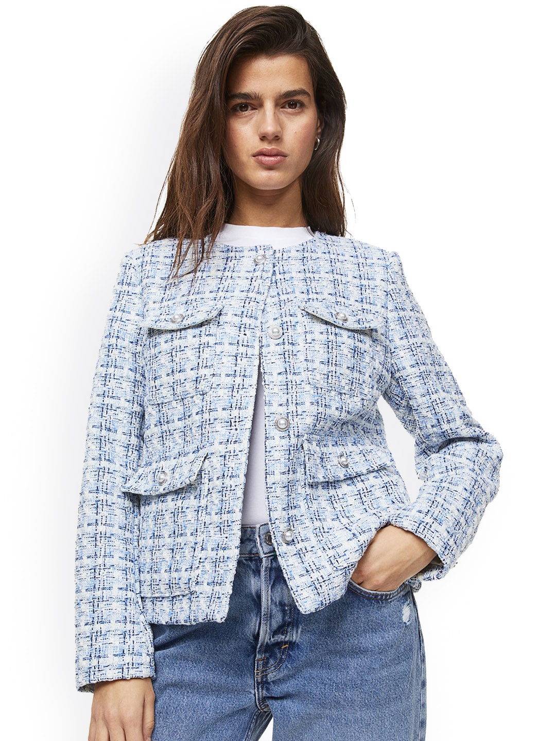 

H&M Women Textured-Weave Jacket, Blue