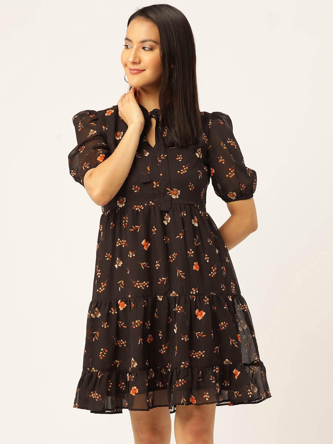 

Slenor Floral Print Puff Sleeves Tie-Up Neck Georgette A-Line Dress, Brown