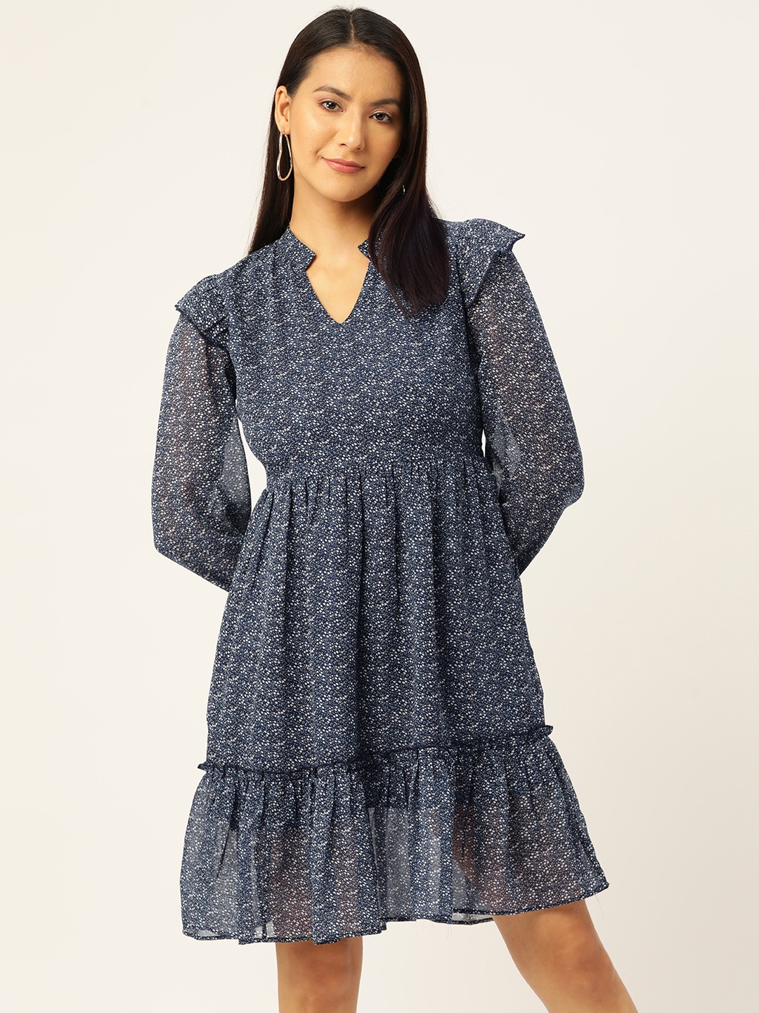 

Slenor Floral Print Georgette Extended Sleeves Tiered A-Line Dress, Blue
