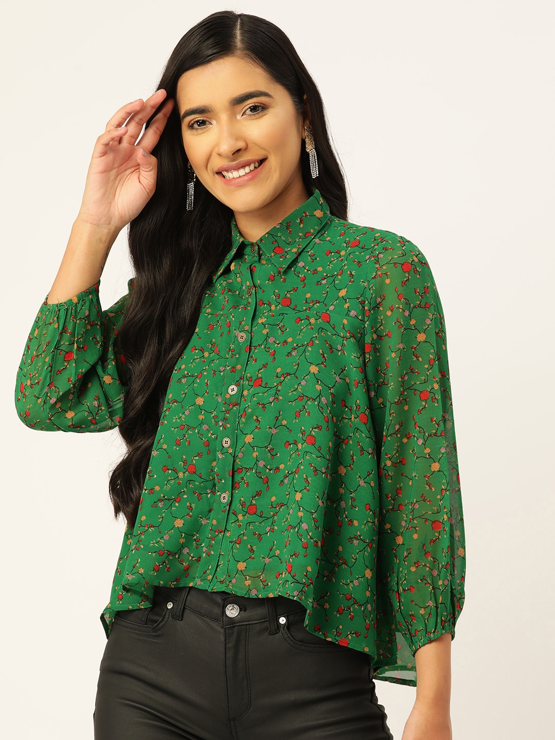 

Slenor Floral Print Puff Sleeves Shirt Style Top, Green