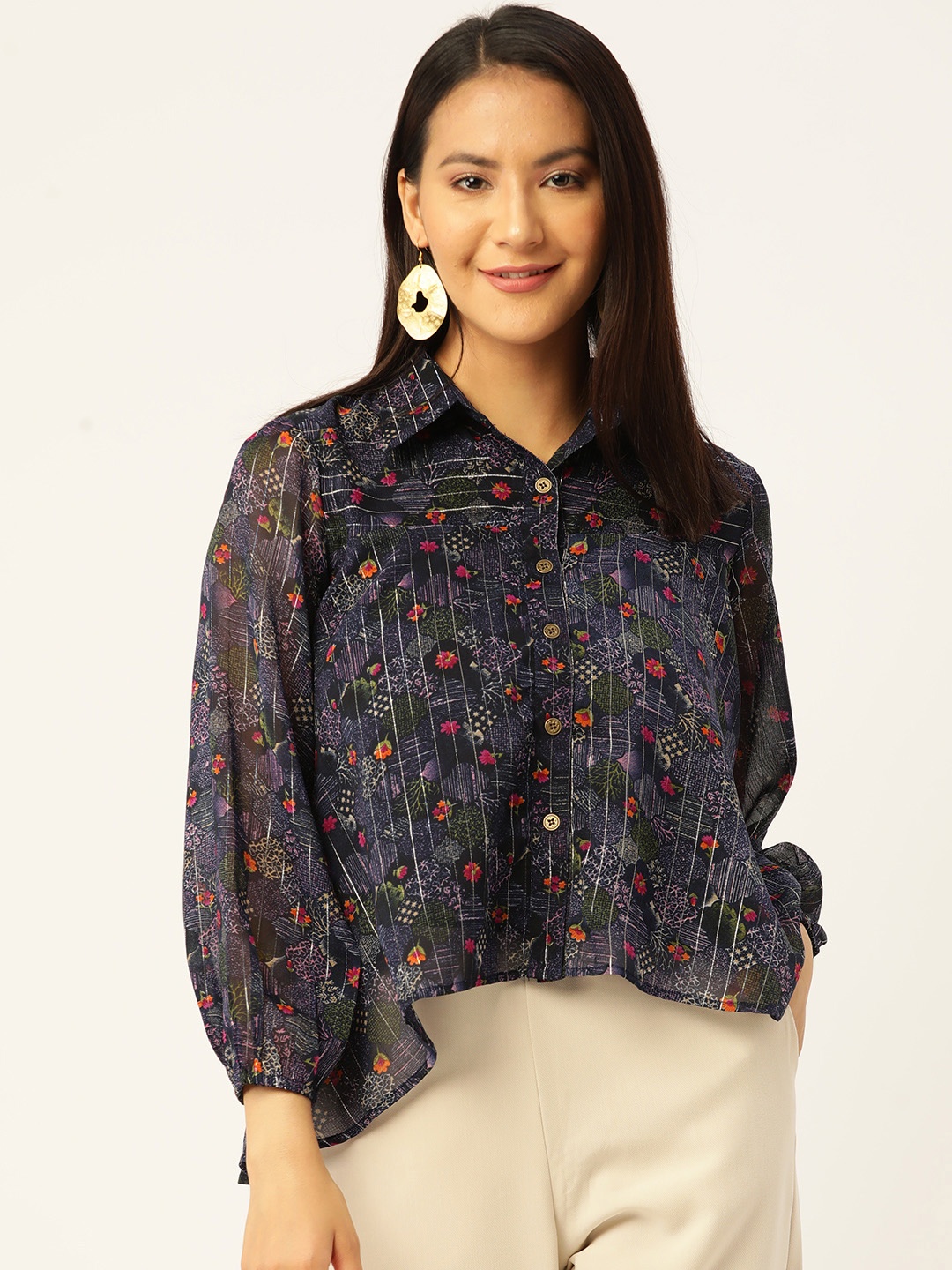 

Slenor Navy Blue & Multicoloured Floral Print Shirt Style Top