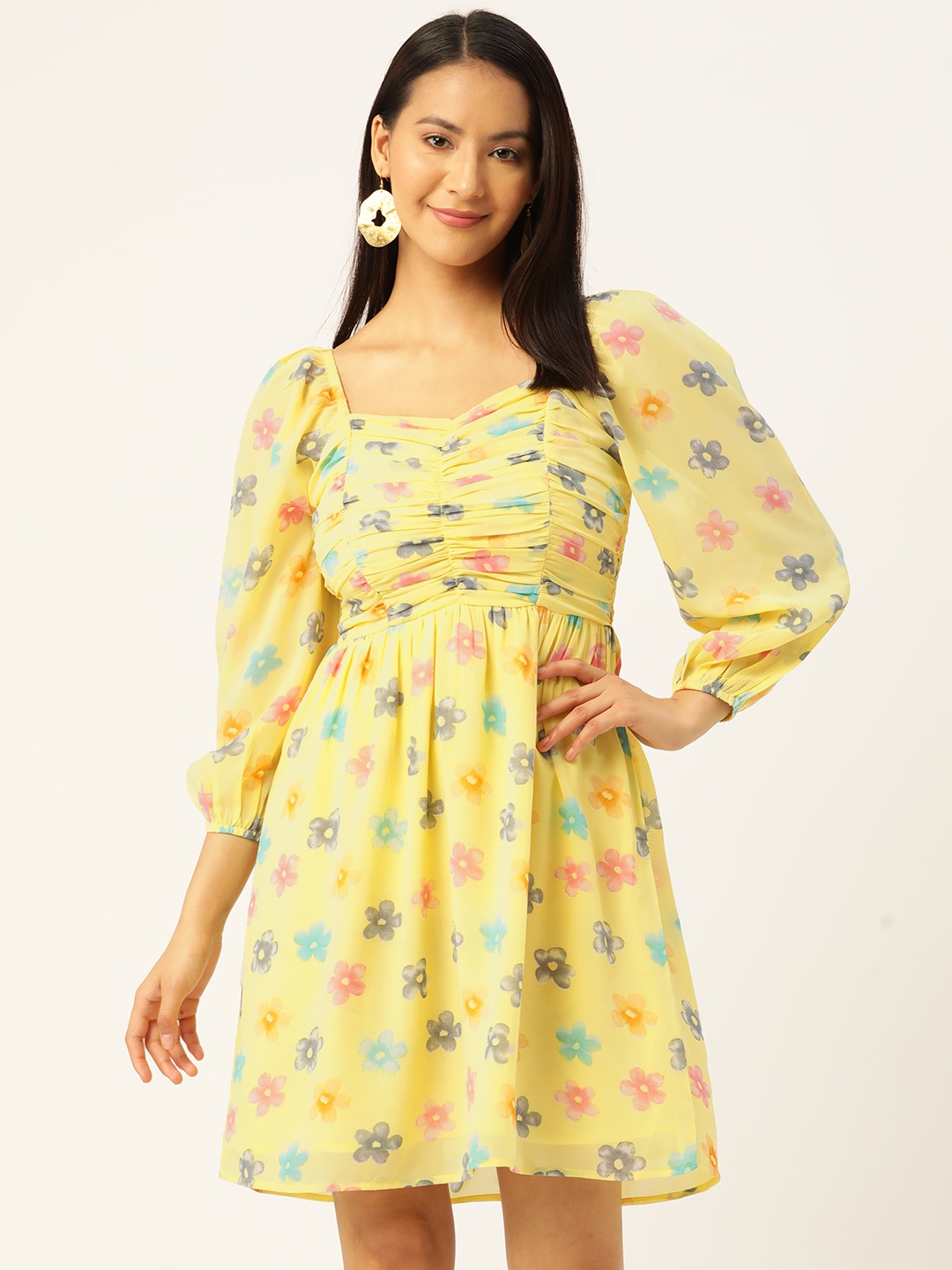 

Slenor Floral Print Puff Sleeves Sweetheart Neck Georgette Dress, Yellow