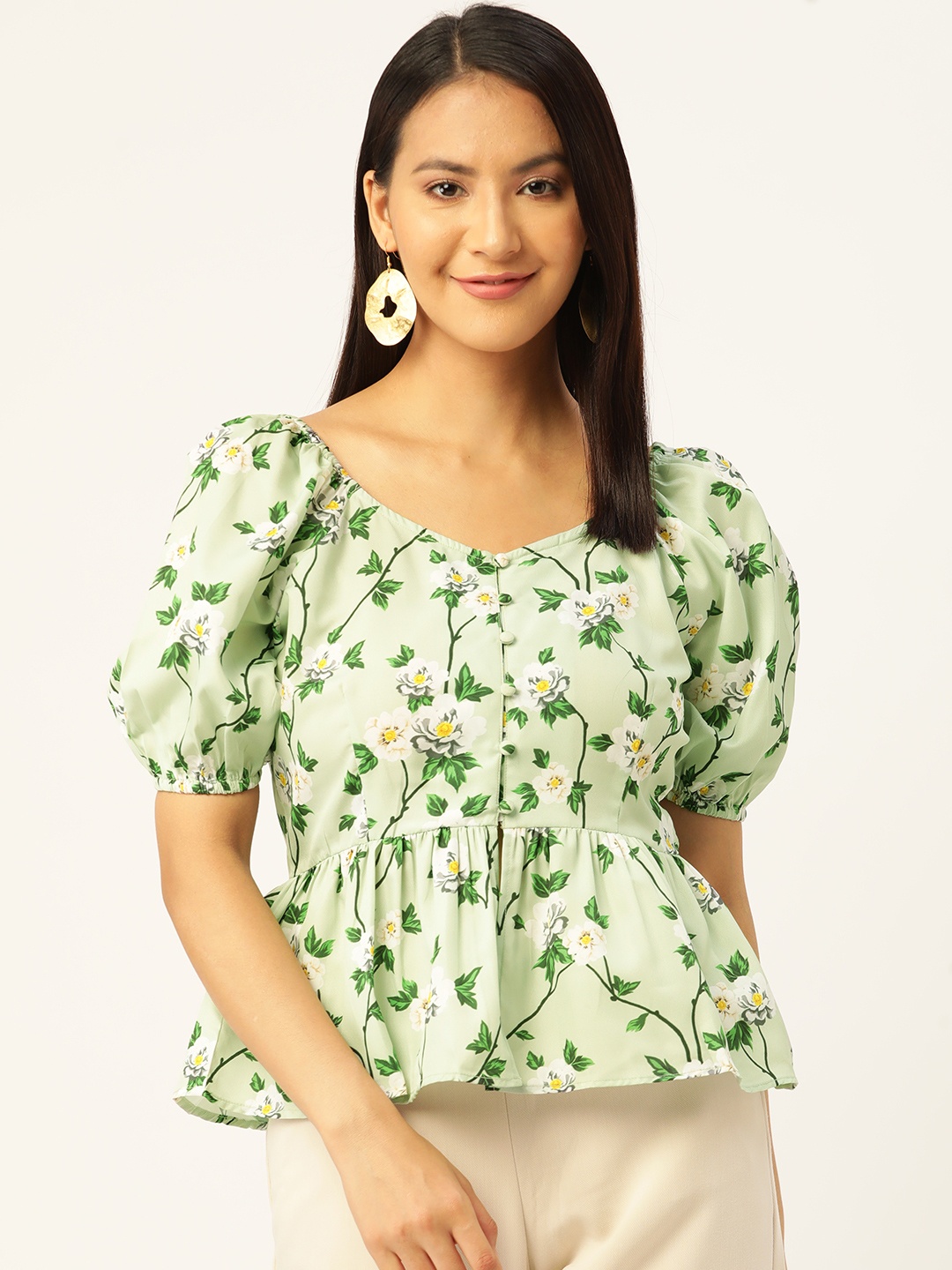 

Slenor Floral Print Sweetheart Neck Puff Sleeves Georgette Peplum Top, Green
