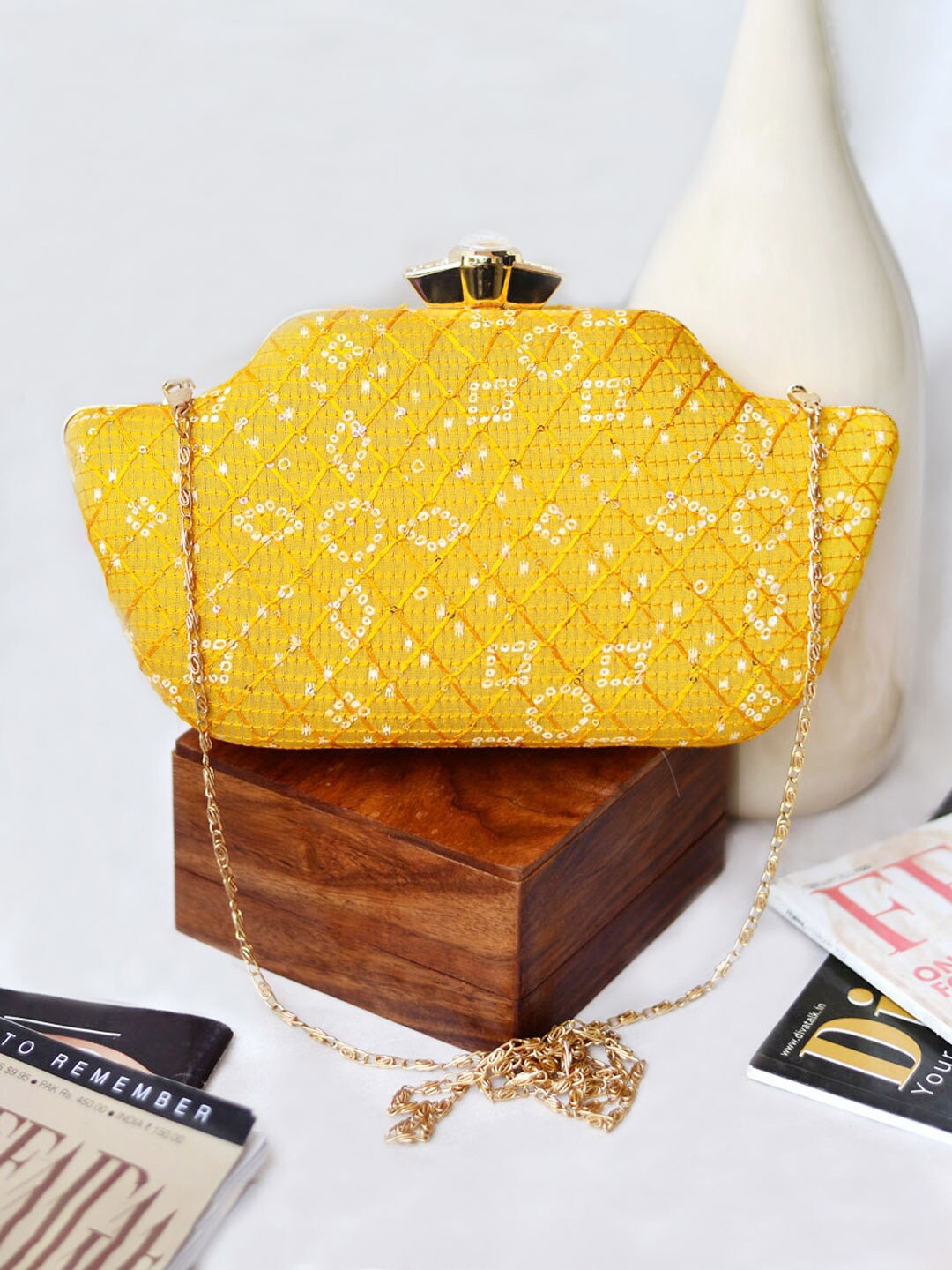 

ARTKLIM Embroidered Embellished Box Clutch, Yellow