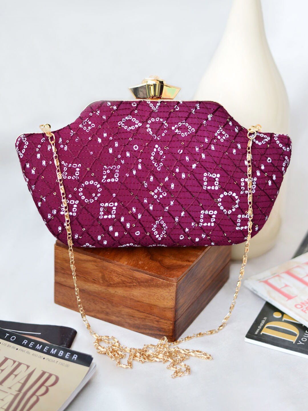 

ARTKLIM Women Embroidered Fabric Box Clutch, Magenta