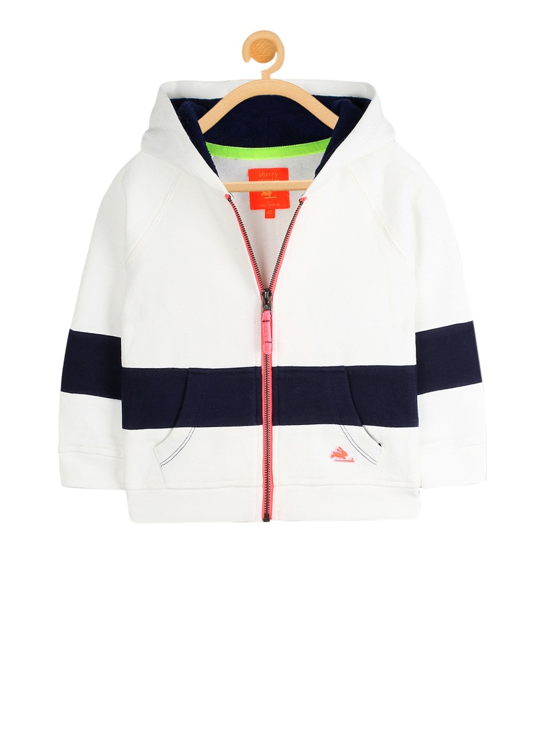 

Cherry Crumble Unisex White & Navy Blue Colourblocked Hooded Sweatshirt