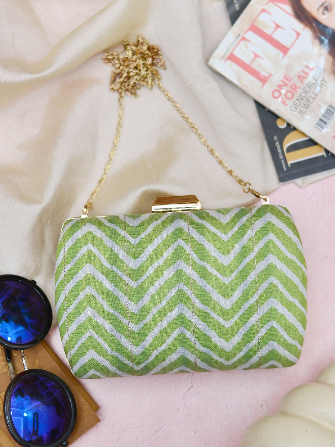 

ARTKLIM Women Striped Fabric Shoulder Strap Box Clutch, Green