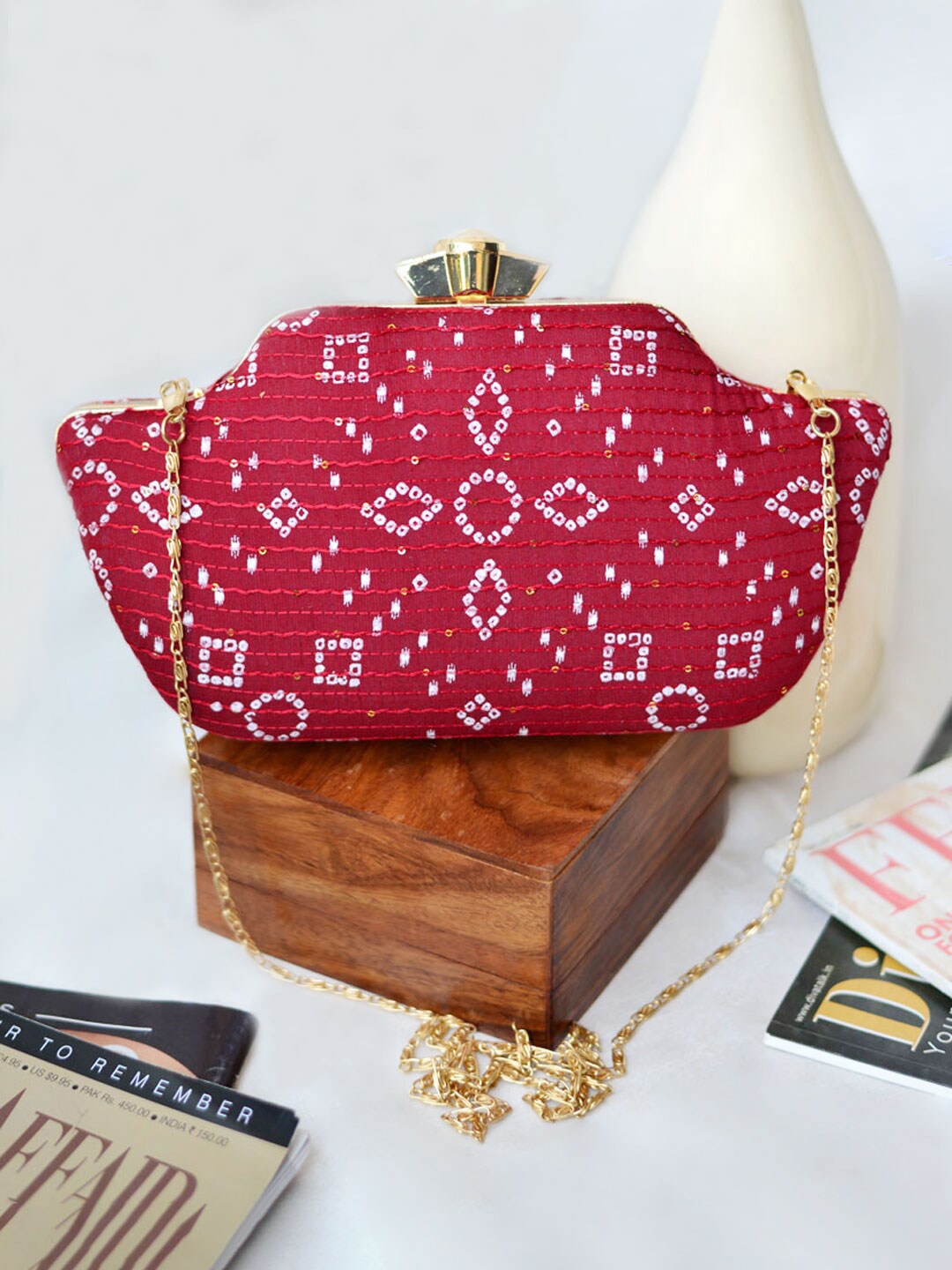 

ARTKLIM Women Embroidered Fabric Box Clutch, Red