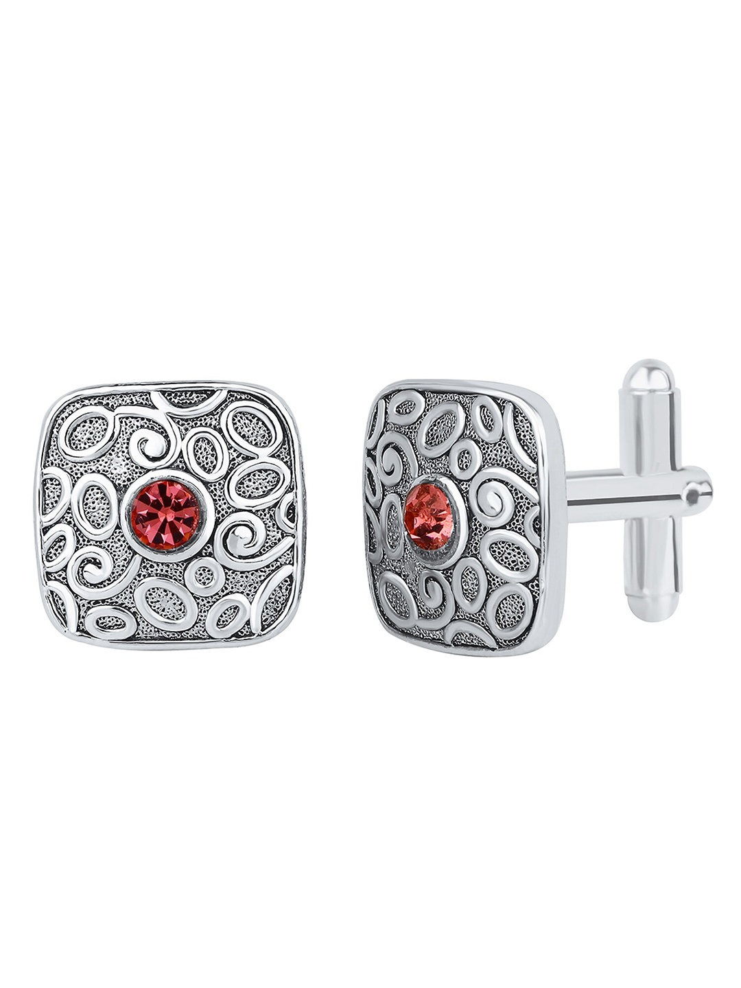 

Mahi Rhodium-Plated Squarish Crystal Cufflinks, Red